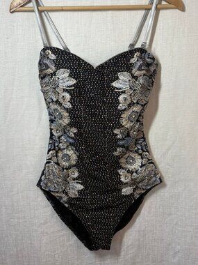 Gottex Designer One‑Piece Swimsuit Bodysuit | Black Metallic Floral | Sz 10